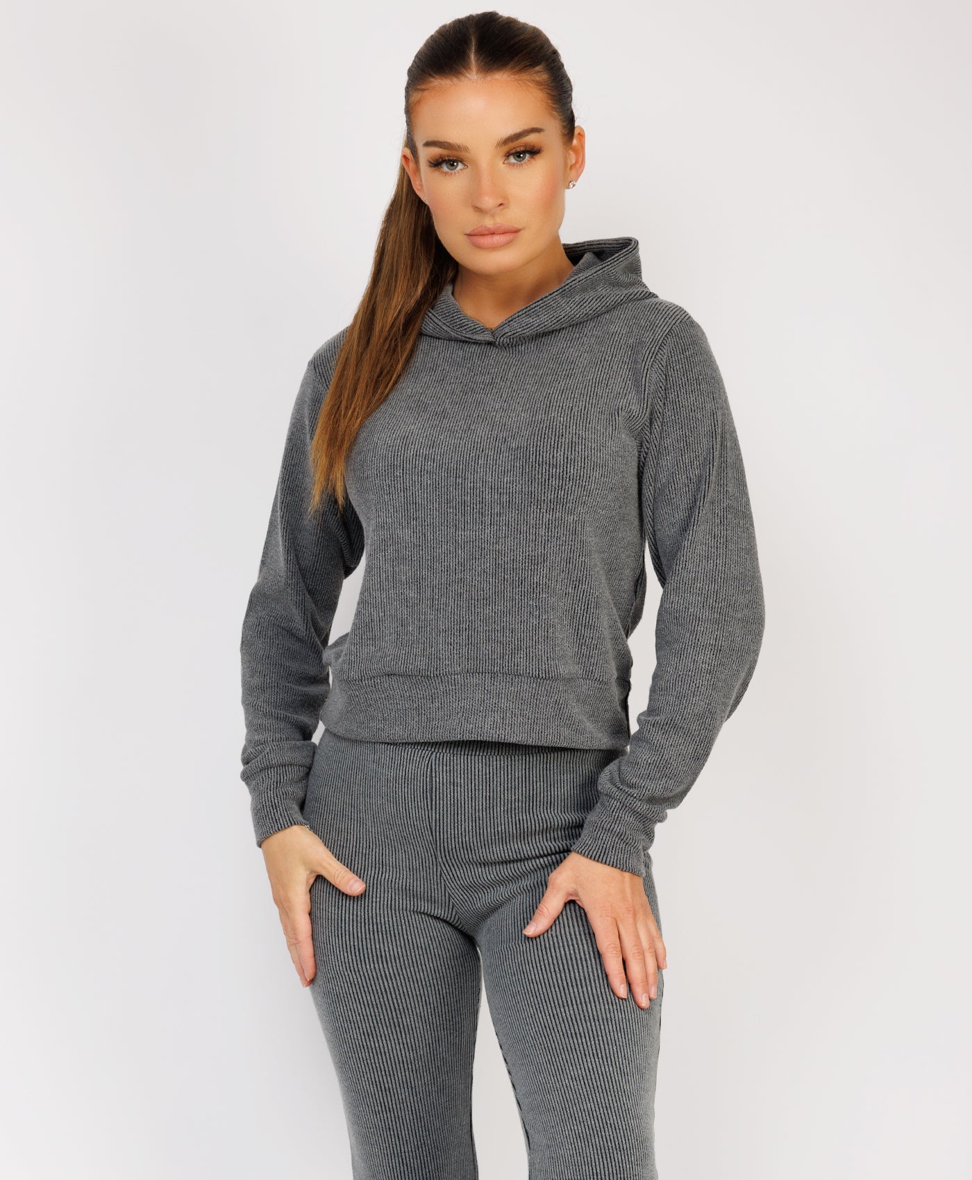 Charcoal Grey Ribbed Hoody & Skinny Flare Trousers Loungewear Set