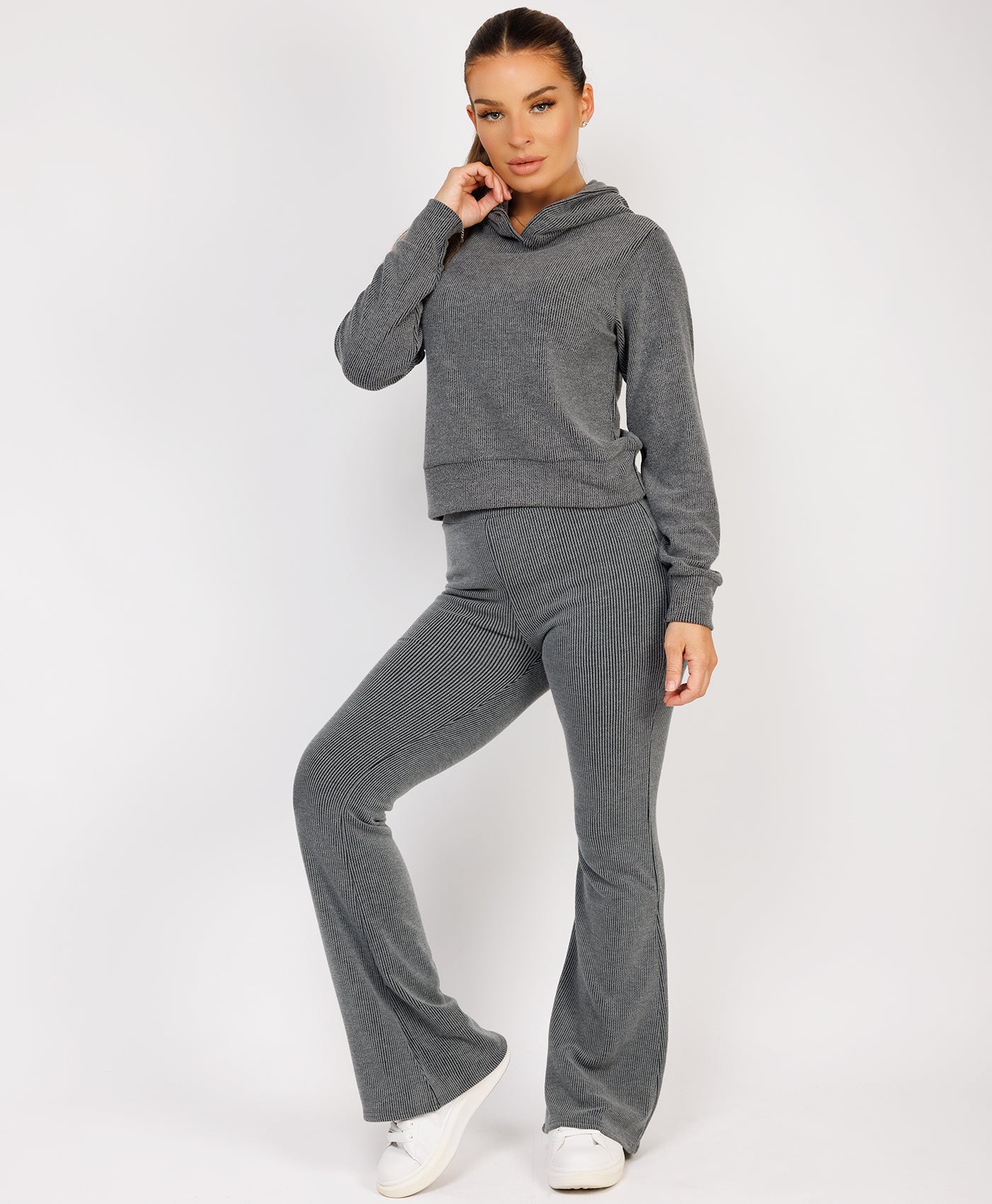 Charcoal Grey Ribbed Hoody & Skinny Flare Trousers Loungewear Set