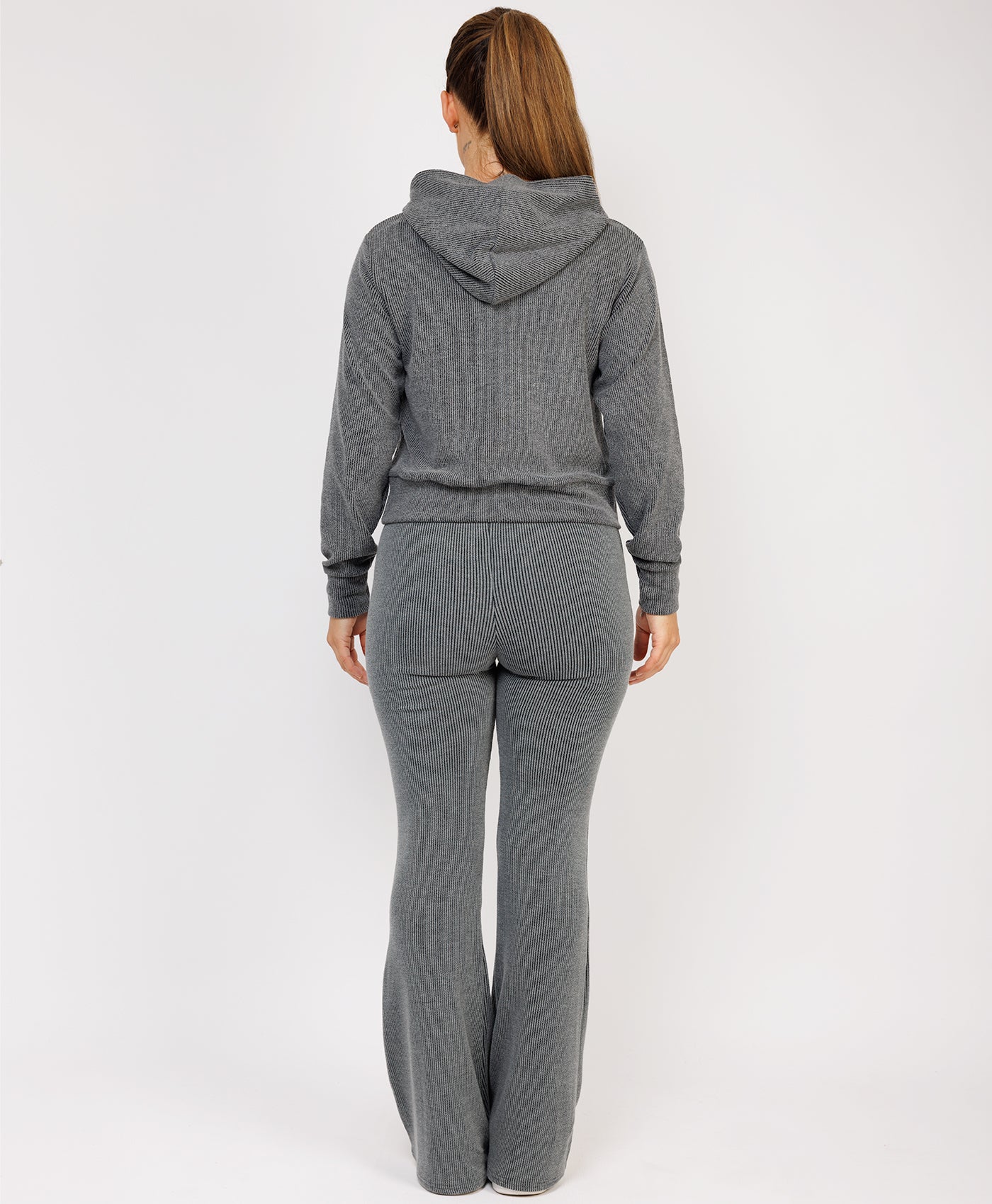 Charcoal Grey Ribbed Hoody & Skinny Flare Trousers Loungewear Set