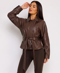 Chocolate Belted Faux Leather Biker Jacket