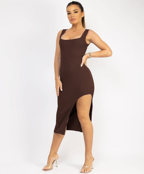 Chocolate Brown Sleeveless Ribbed Side Split Knitted Midi Dress