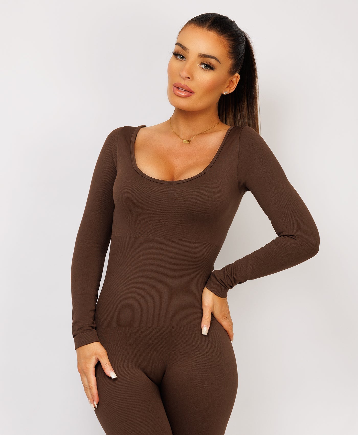 Chocolate Brown-Elastic-Ribbed-Long-Sleeve-Butt-Lift-Jumpsuit9