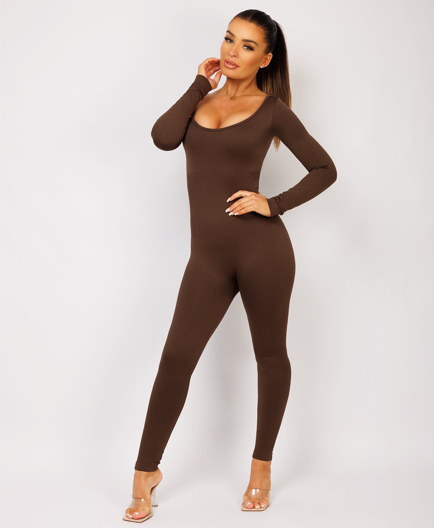 Chocolate Brown-Elastic-Ribbed-Long-Sleeve-Butt-Lift-Jumpsuit10