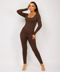 Chocolate Brown-Elastic-Ribbed-Long-Sleeve-Butt-Lift-Jumpsuit8