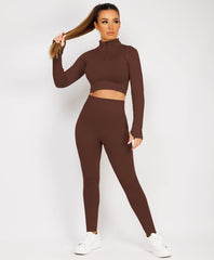 Chocolate-Brown-Zipped-Neck-Ribbed-Activewear-9