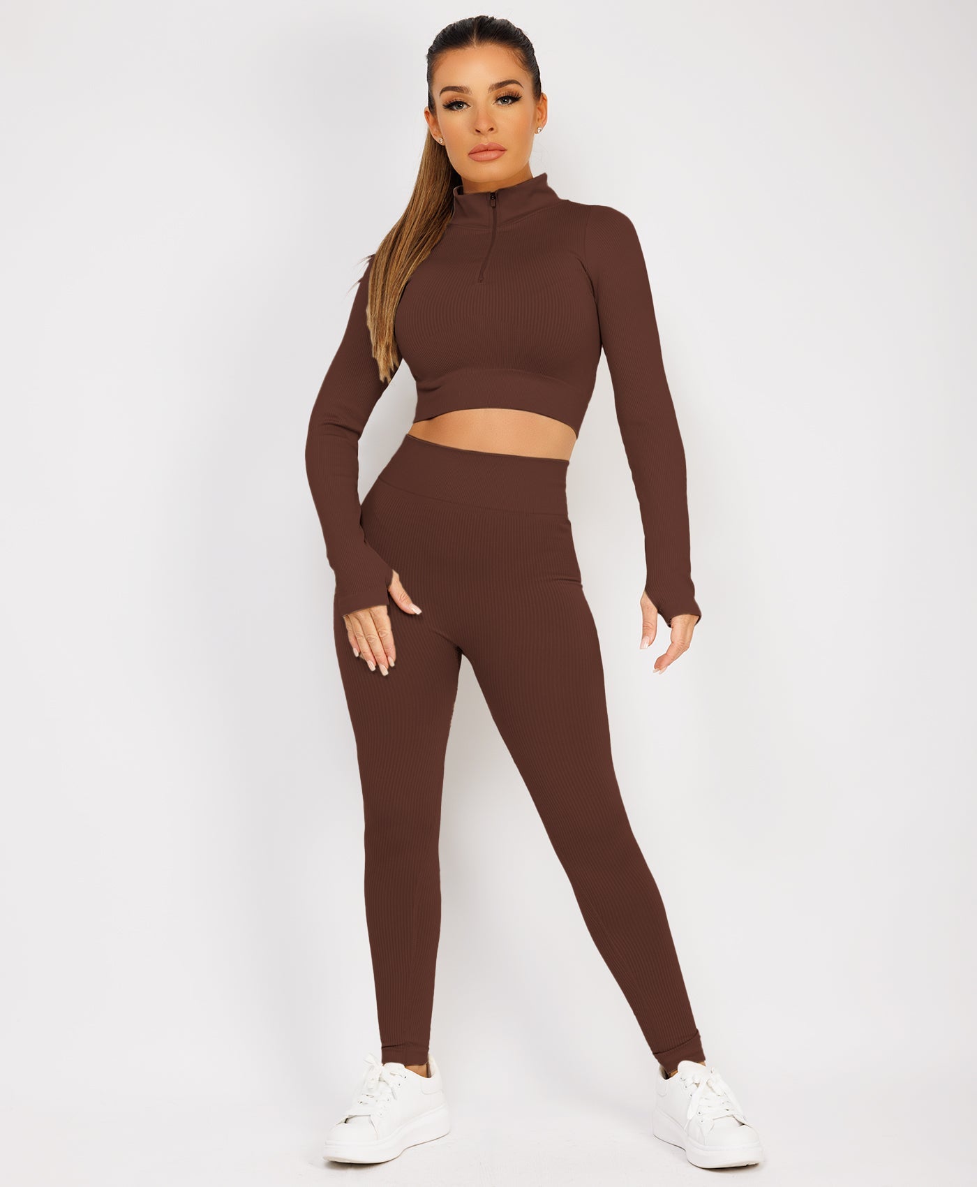 Chocolate-Brown-Zipped-Neck-Ribbed-Activewear-8