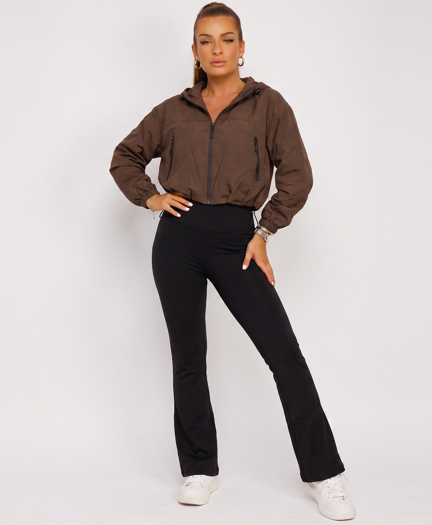 Chocolate Cropped Hooded Windbreaker with Drawstring Hem