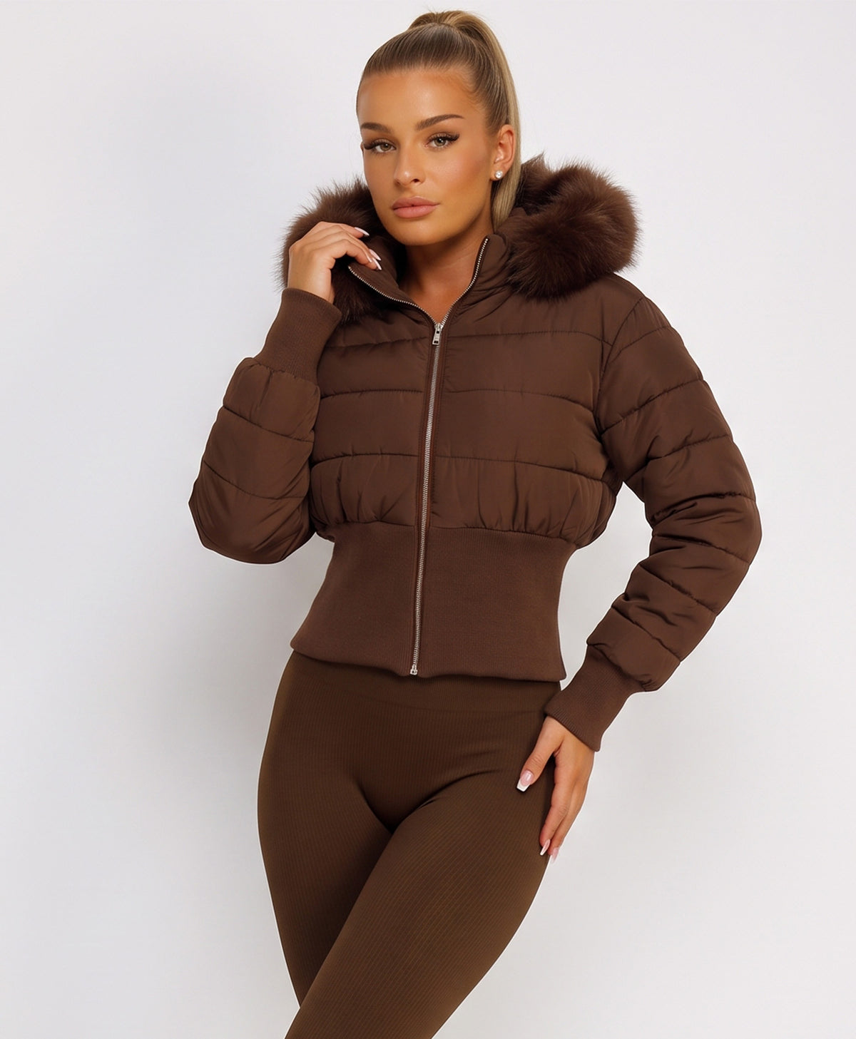 Chocolate Cropped Puffer Jacket With Faux Fur Hood Trim