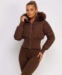Chocolate Cropped Puffer Jacket With Faux Fur Hood Trim