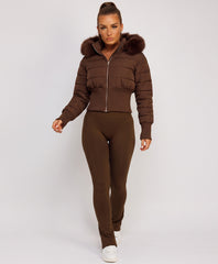 Chocolate Cropped Puffer Jacket With Faux Fur Hood Trim