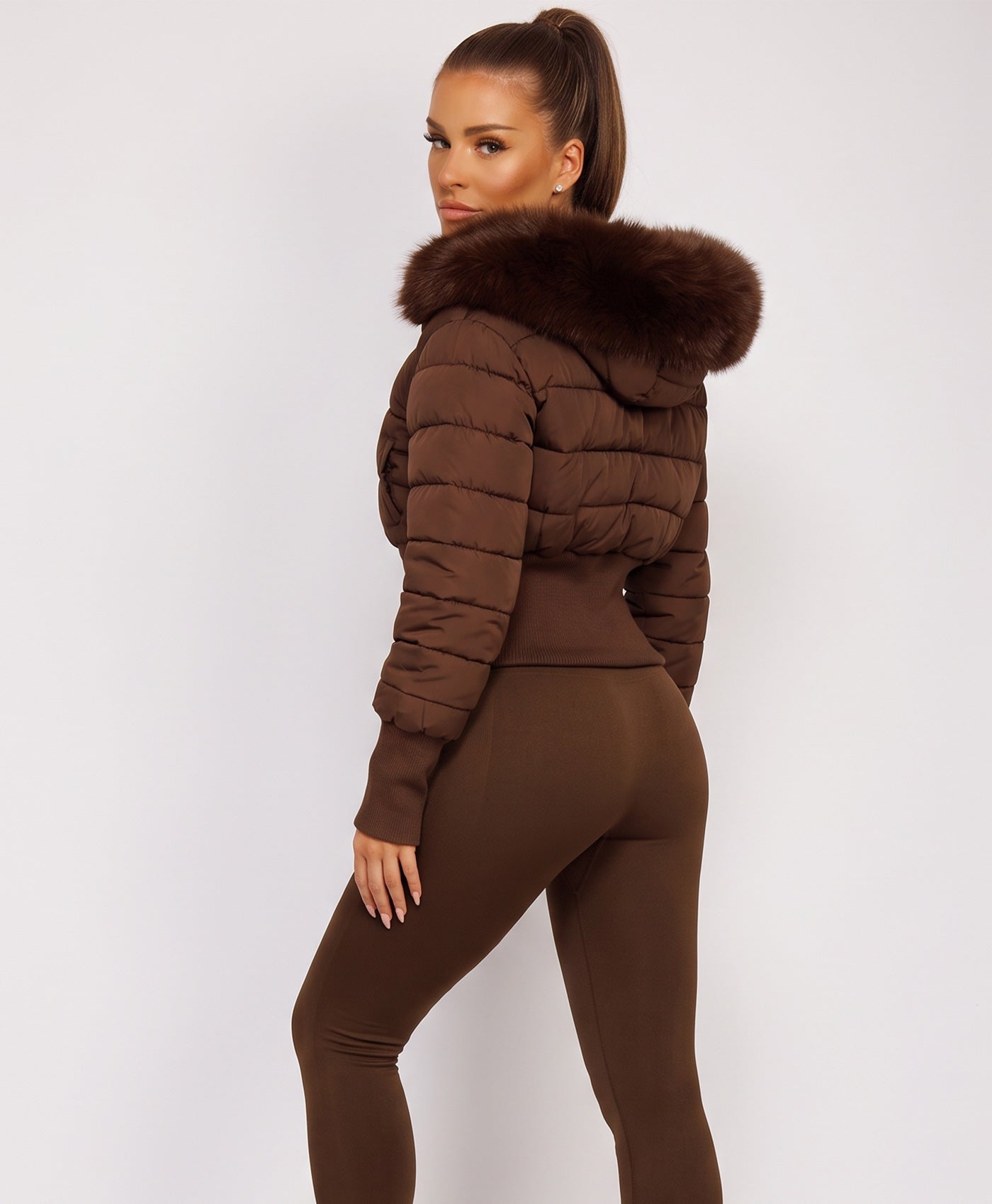 Chocolate Cropped Puffer Jacket With Faux Fur Hood Trim