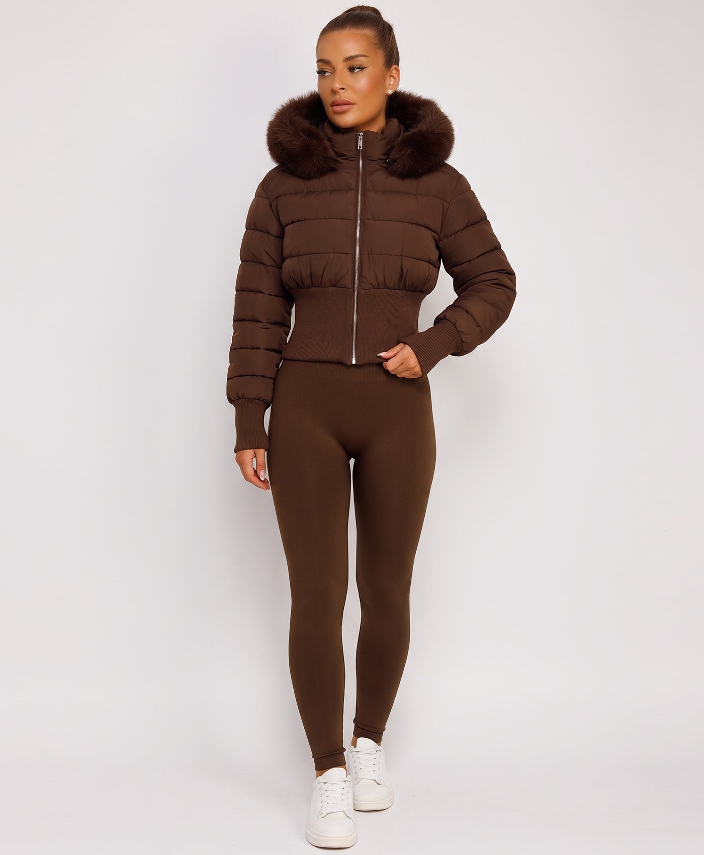 Chocolate Cropped Puffer Jacket With Faux Fur Hood Trim