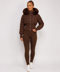Chocolate Cropped Puffer Jacket With Faux Fur Hood Trim