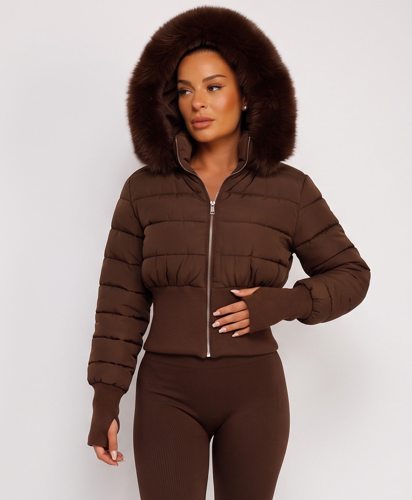 Chocolate Cropped Puffer Jacket With Faux Fur Hood Trim