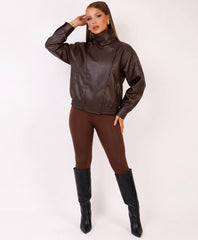 Chocolate Faux Leather Biker Jacket With High Neck Collar