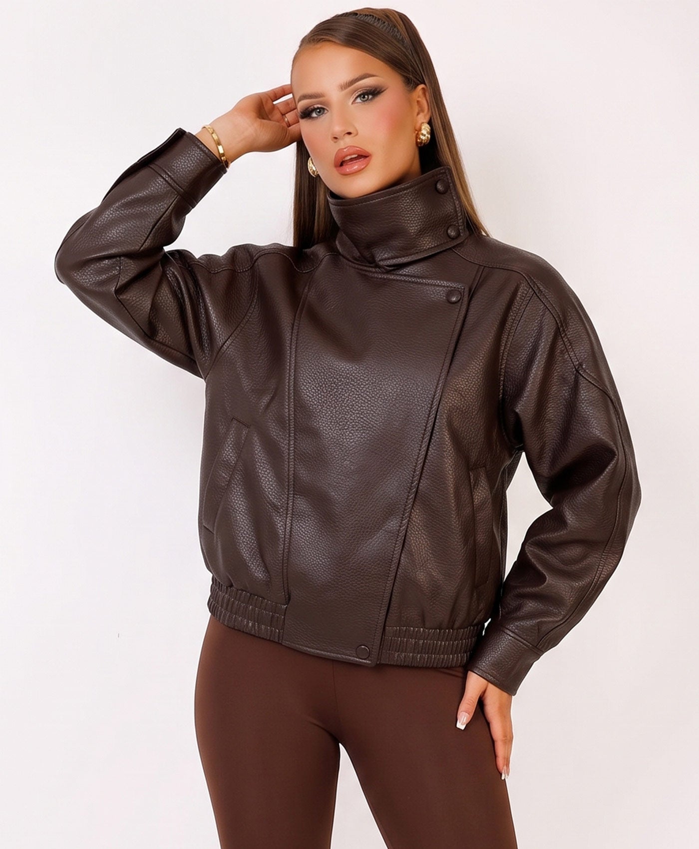 Chocolate Faux Leather Biker Jacket With High Neck Collar