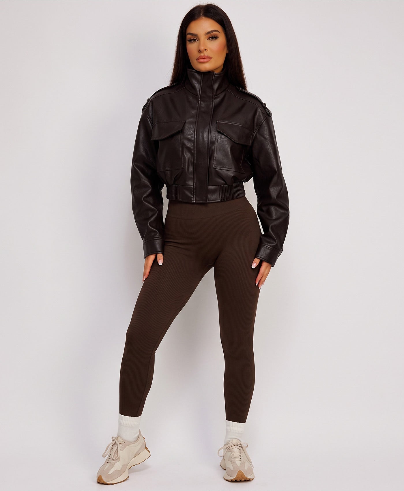 Chocolate Faux Leather Bomber Jacket With Ribbed Hem