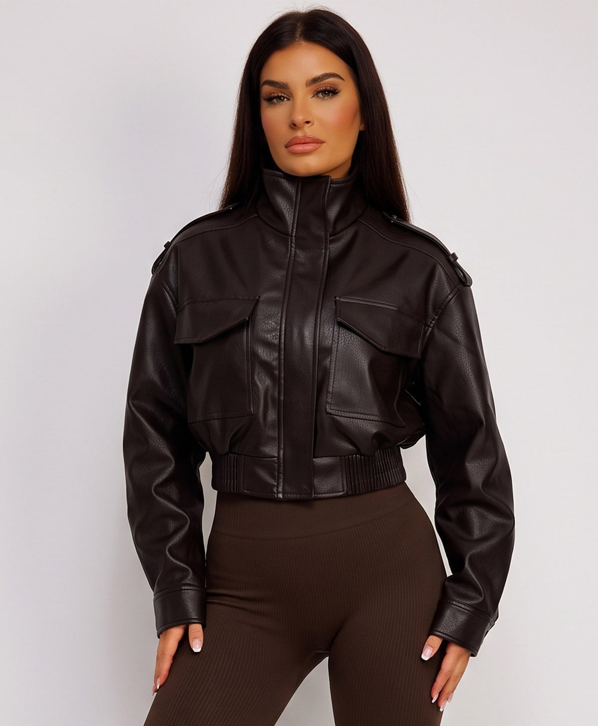 Chocolate Faux Leather Bomber Jacket With Ribbed Hem