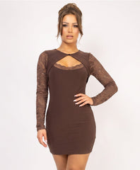 Chocolate Lace Sleeve Cut-Out Mini Dress