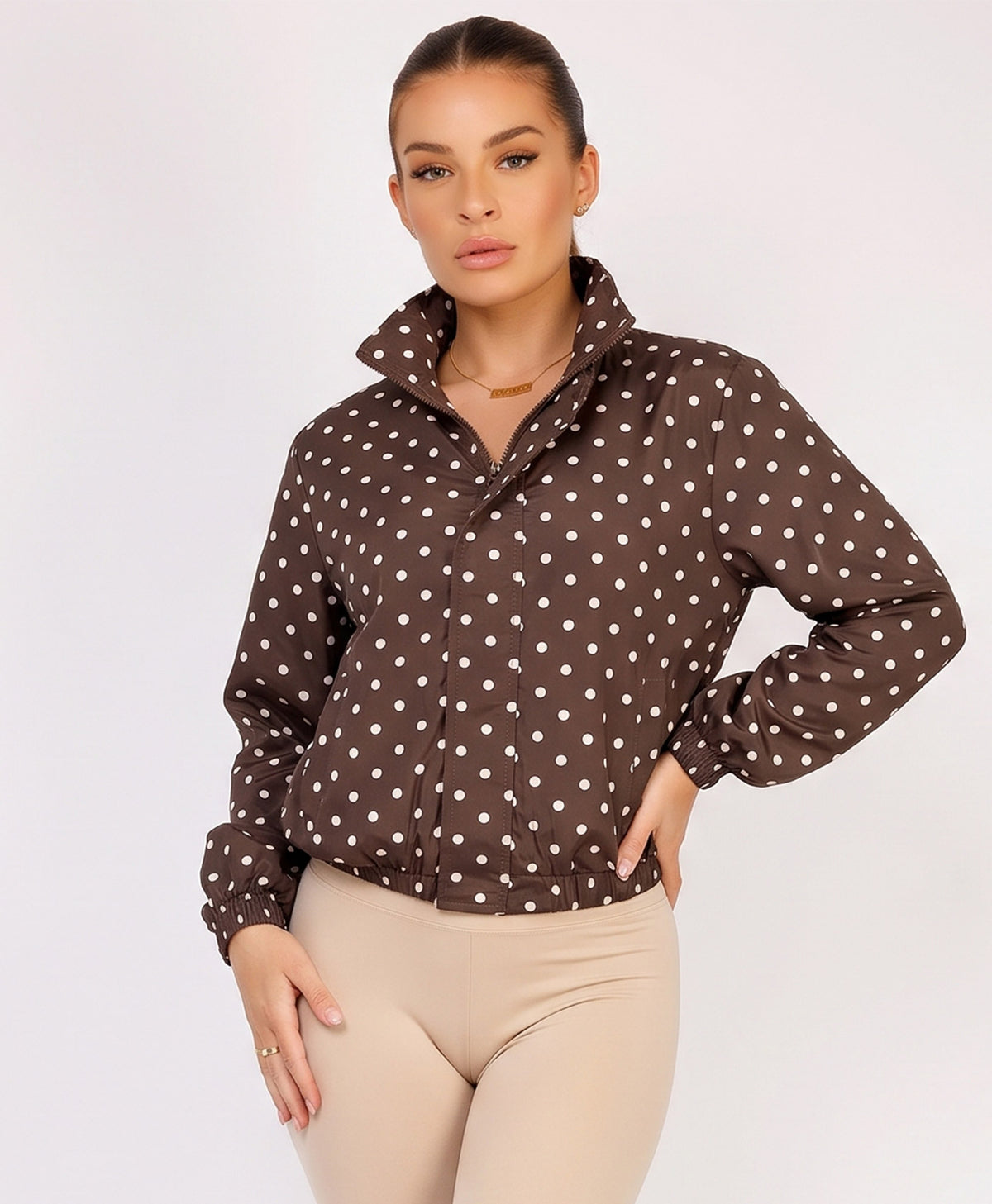 Chocolate Polka Dot Print Windbreaker Jacket