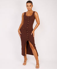 Chocolate Ribbed Lace Trim Knitted Button-Through Midi Dress