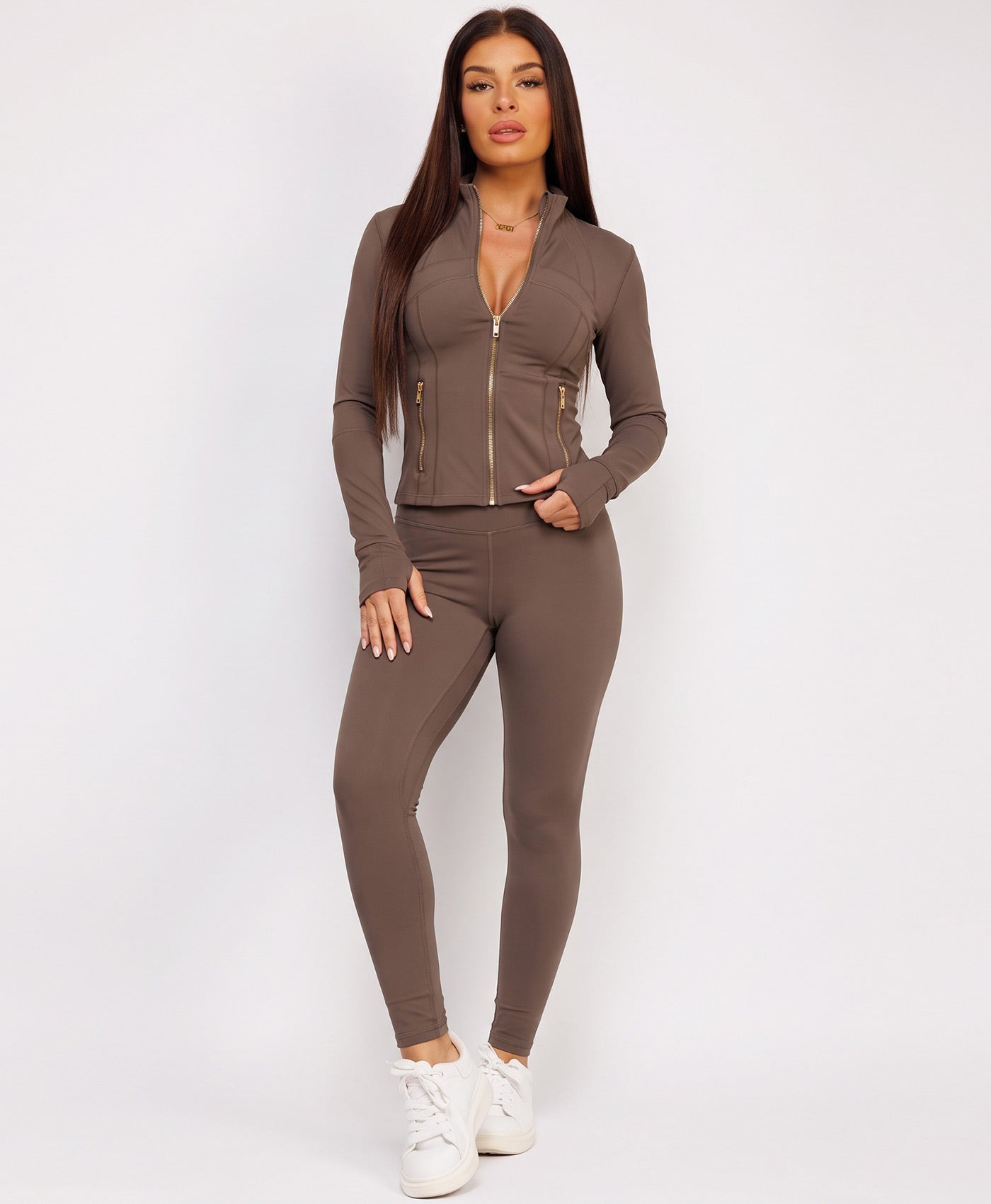 Chocolate Sport Gold Zipped Gym Jacket Leggings Co-Ord Set