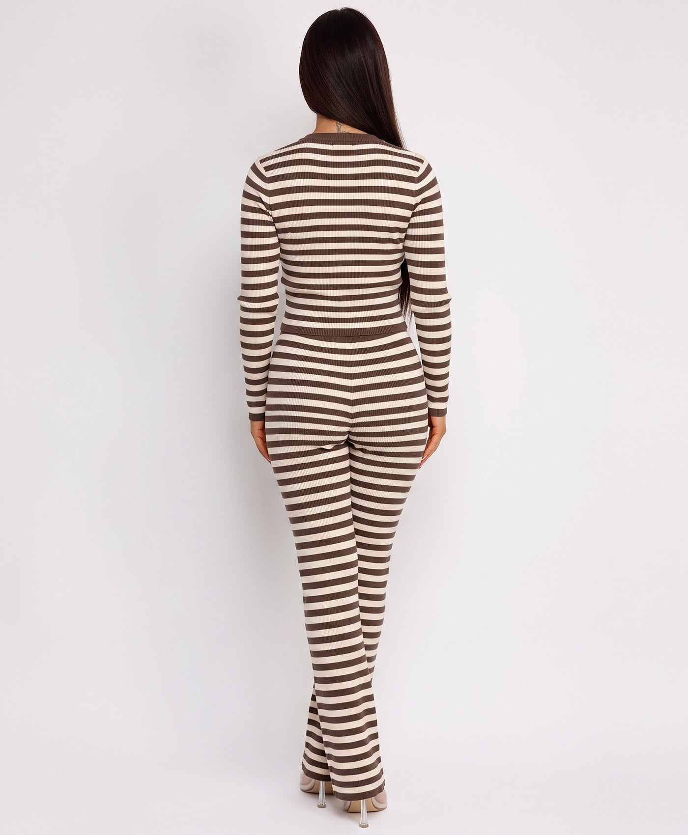 Chocolate Striped Knit Cropped T-Shirt Flare Trousers