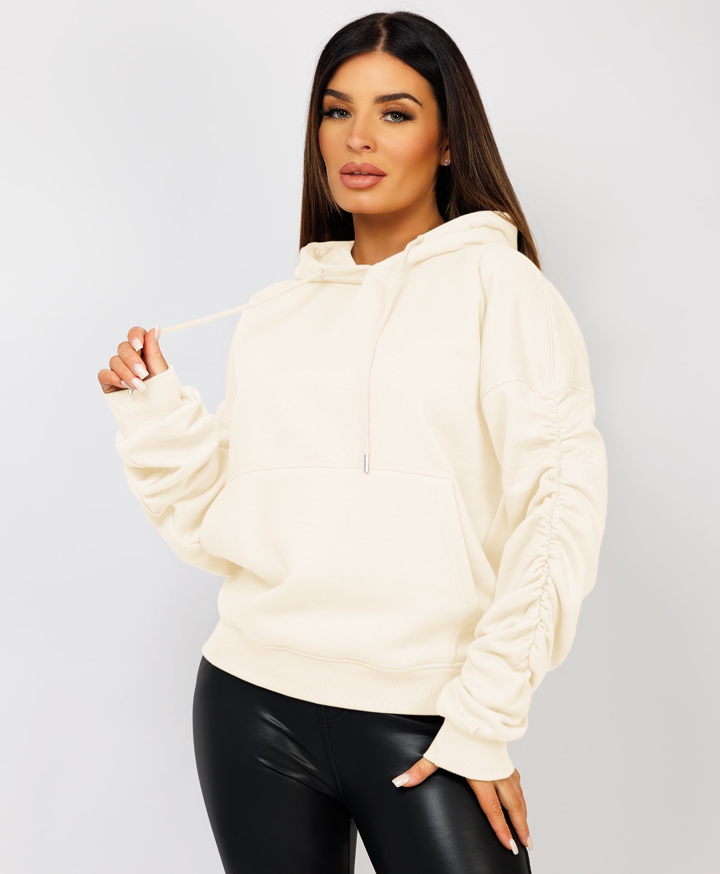 Ruched-Sleeve-Oversized-Fit-Hoodie-Cream-3