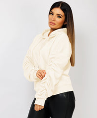 Ruched-Sleeve-Oversized-Fit-Hoodie-Cream-1