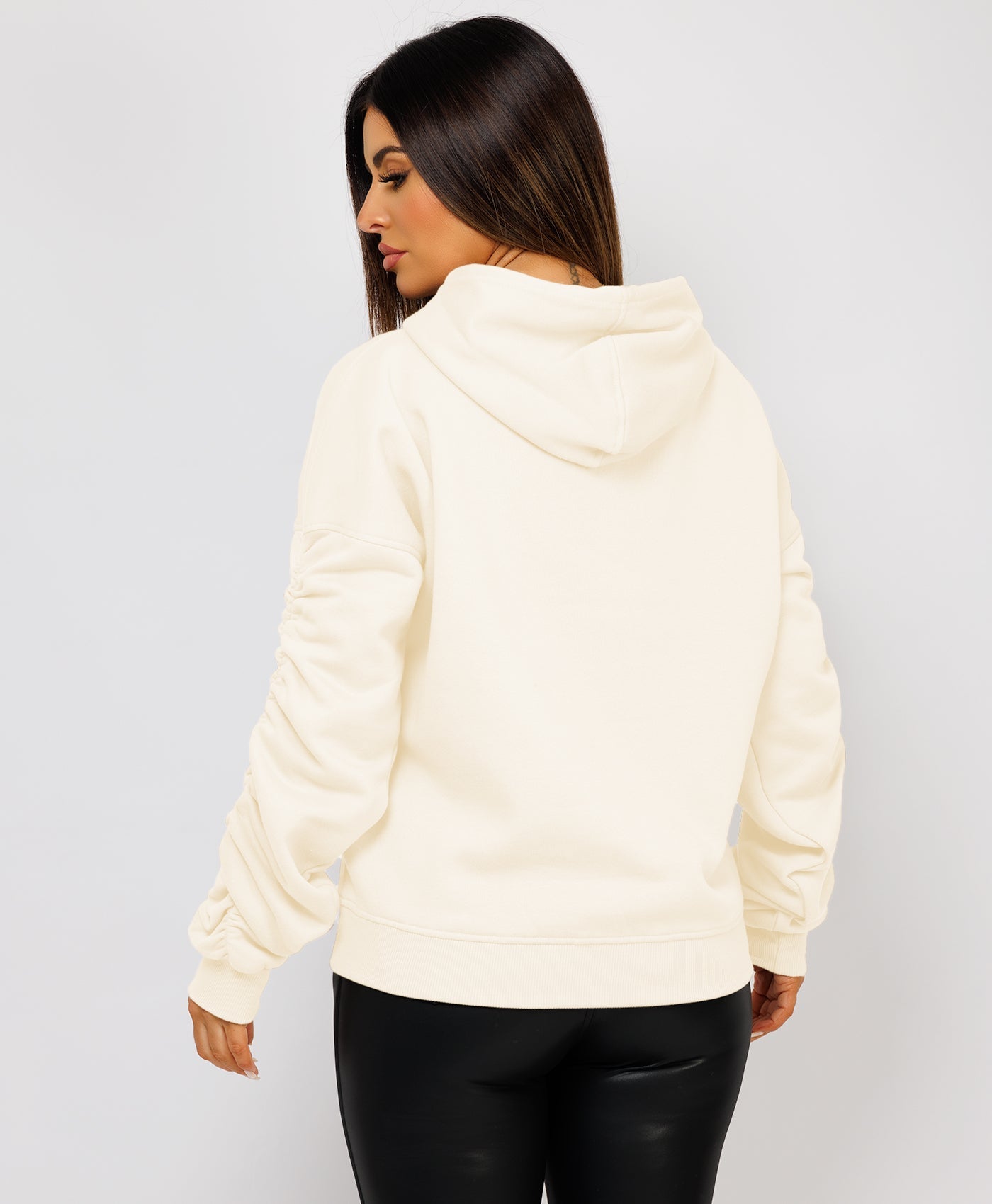 Ruched-Sleeve-Oversized-Fit-Hoodie-Cream-6