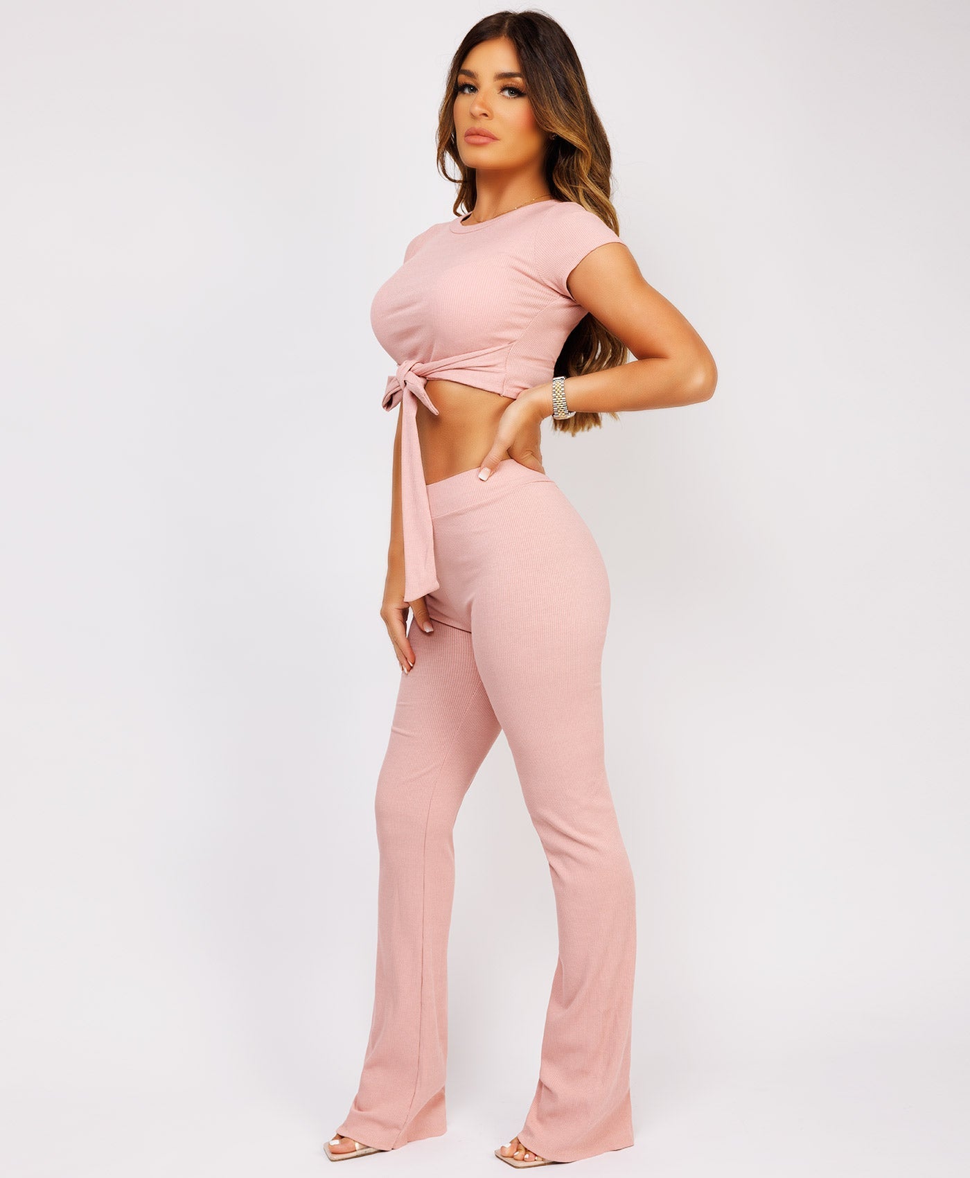 Crop-Tie-Top-Flare-Trousers-Rib-Loungewear-Set-Pink-3