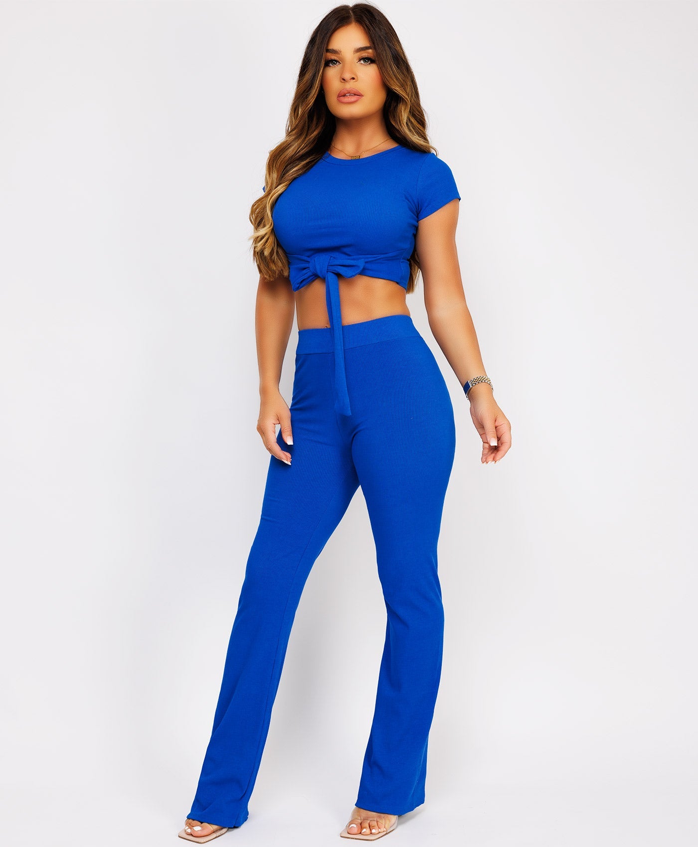 Royal Blue Flare Trousers Tie Up Crop Top Loungewear Set – lexifashionuk