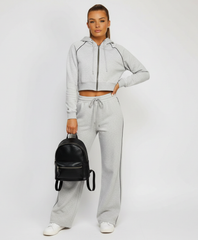 Bleach Grey Piping Detail Zip-Up Crop Hoodie & Wide Leg Jogger Co-Ord Tracksuit Set