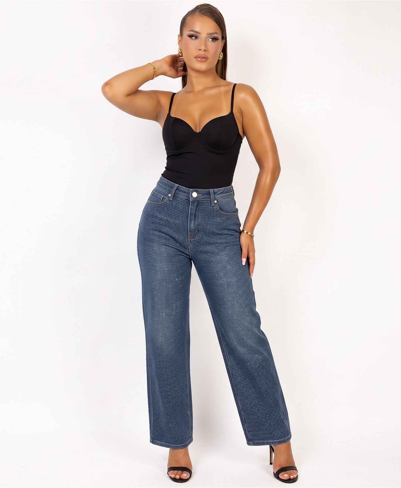 Denim Blue Rhinestone Embellished Wide Leg Jeans