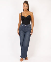 Denim Blue Rhinestone Embellished Wide Leg Jeans