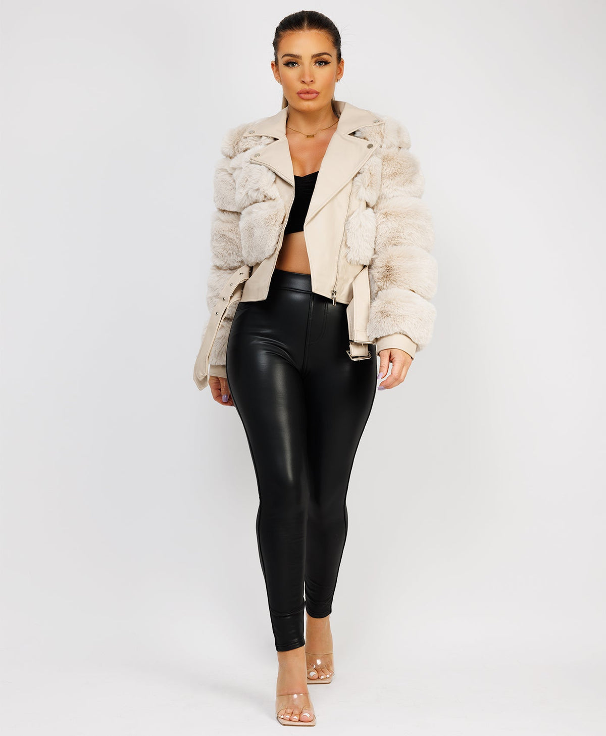 Faux-Fur-Belted-Leather-Trim-Biker-Jacket-Beige-1
