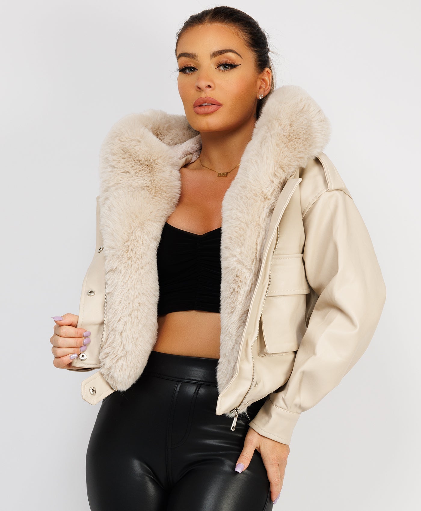 Beige-Vegan-Leather-Faux-Fur-Trim-Hooded-Bomber-Jacket-4