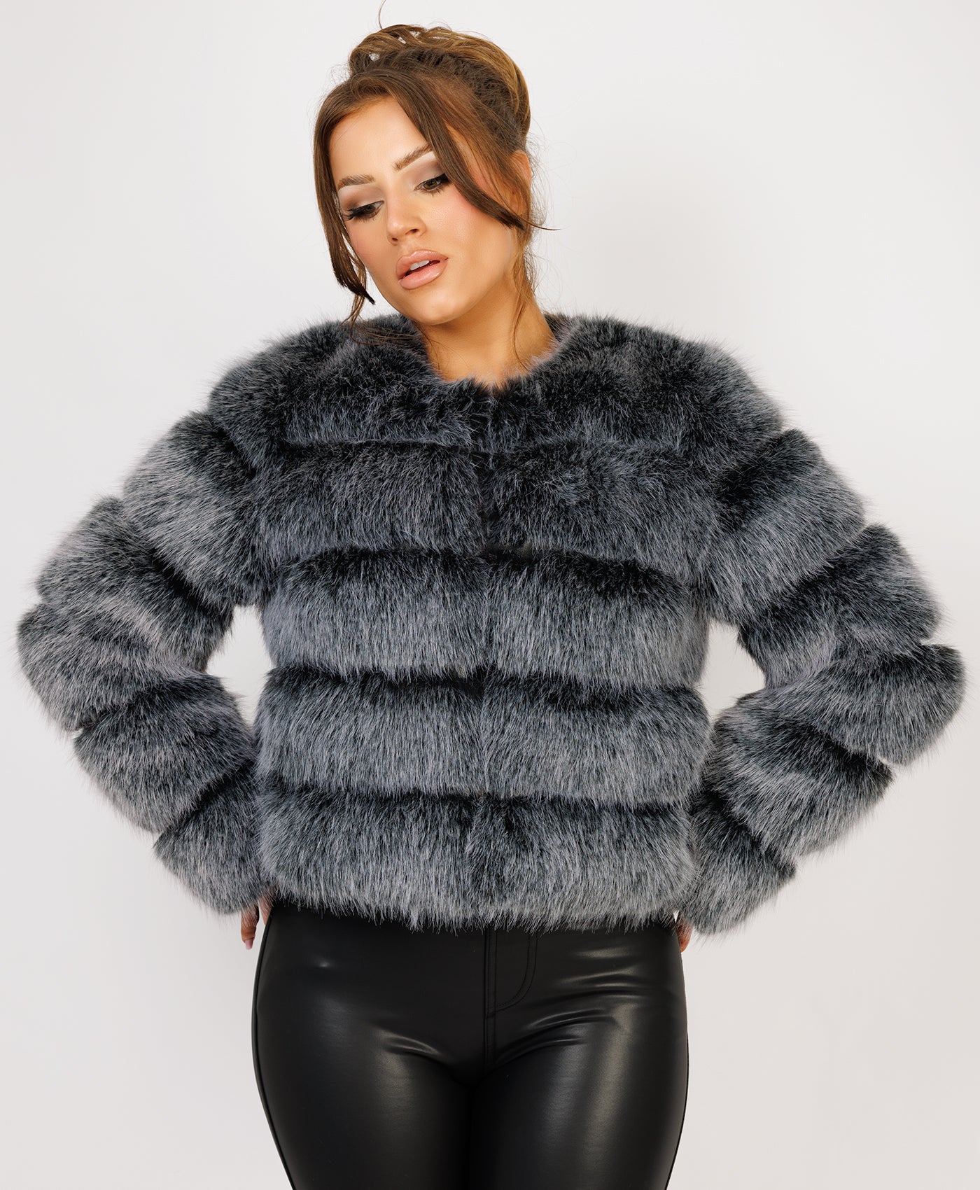 Grey Faux Fur Panel Coat Frosted Black Premium Faux Fur Tiered