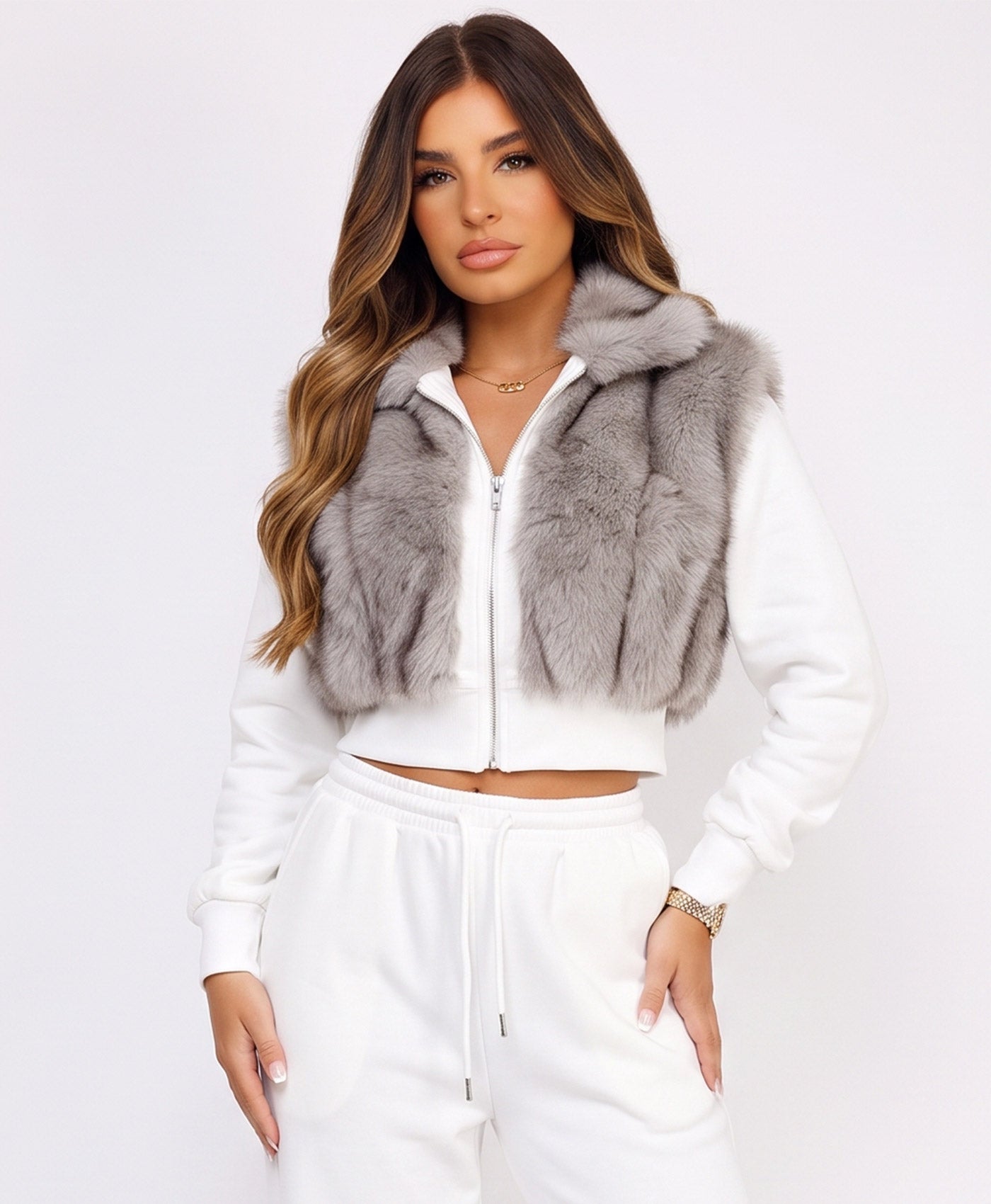 White Faux Fur Zip-Up Hoodie Wide Leg Jogger Co-Ord