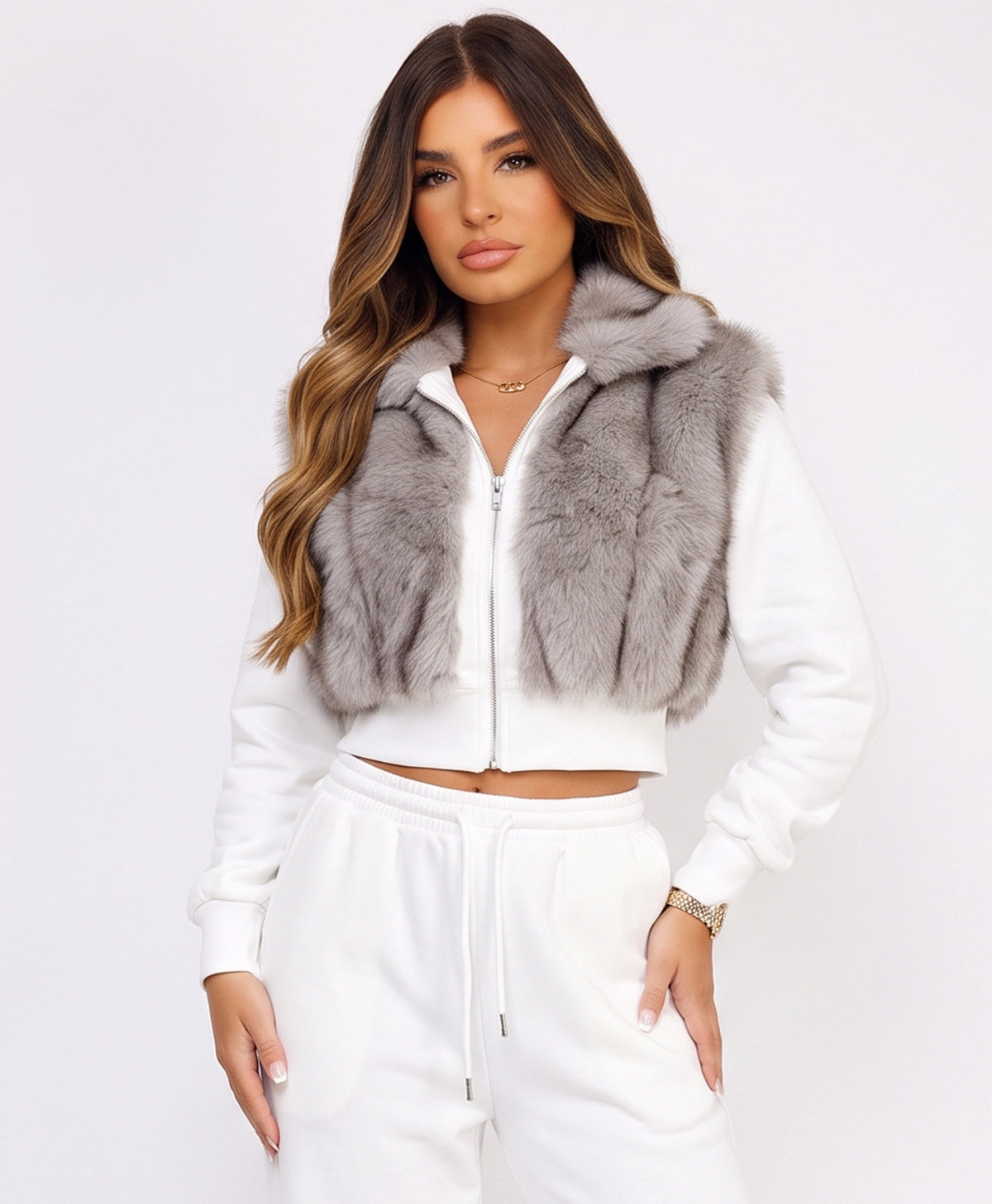 White Faux Fur Zip-Up Hoodie Wide Leg Jogger Co-Ord