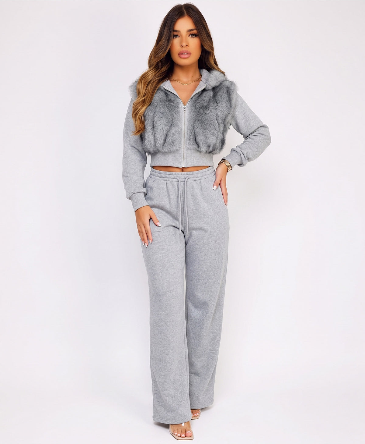 Grey Faux Fur Zip-Up Hoodie Wide Leg Jogger Co-Ord