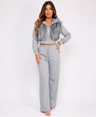Grey Faux Fur Zip-Up Hoodie Wide Leg Jogger Co-Ord