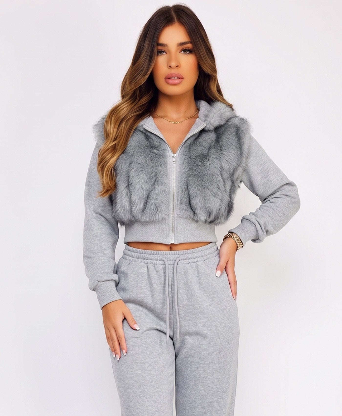 Grey Faux Fur Zip-Up Hoodie Wide Leg Jogger Co-Ord