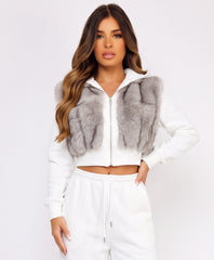 White Faux Fur Zip-Up Hoodie Wide Leg Jogger Co-Ord