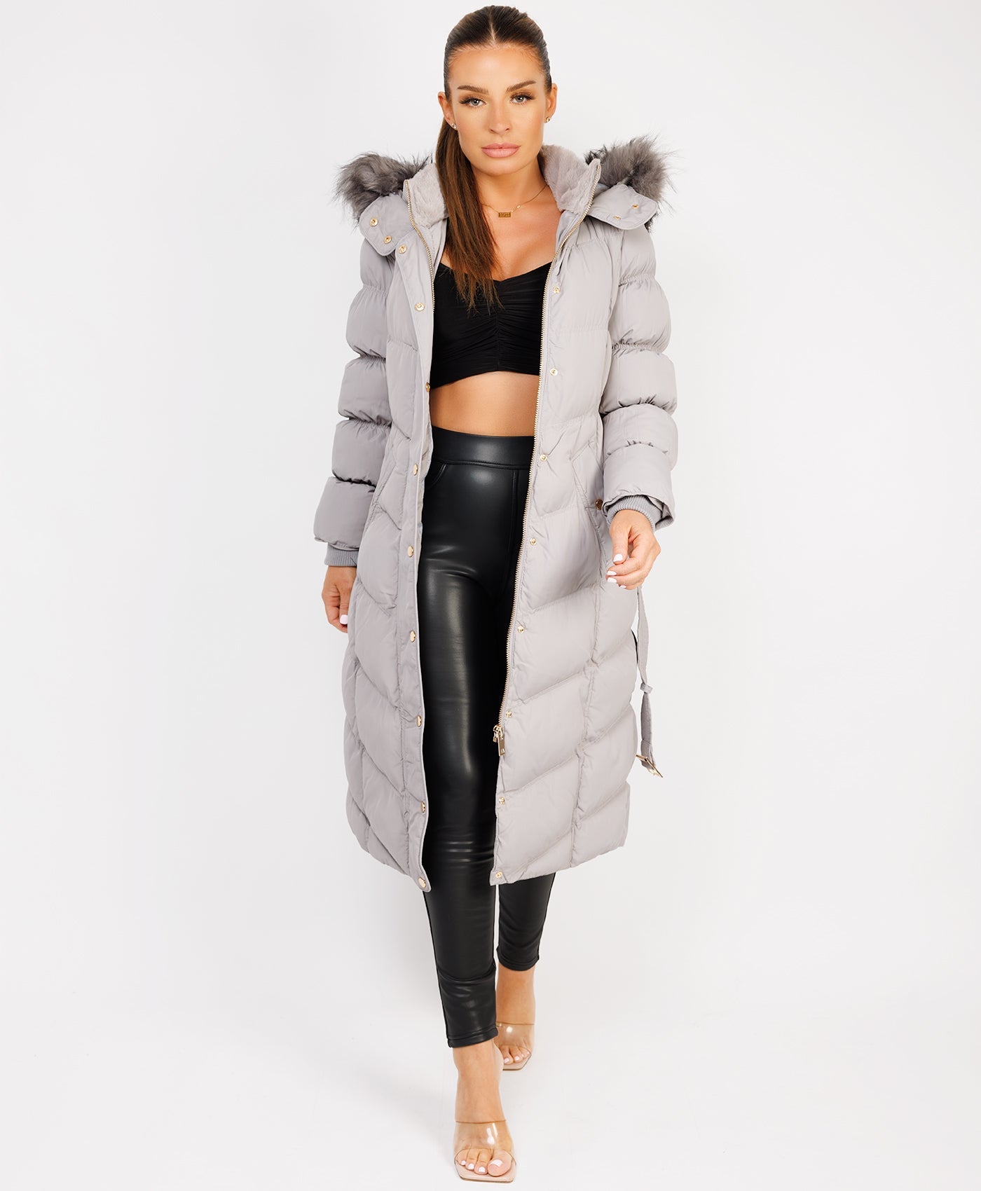 Grey Longline Padded Puffer Faux Fur Hood Bubble Jacket – www