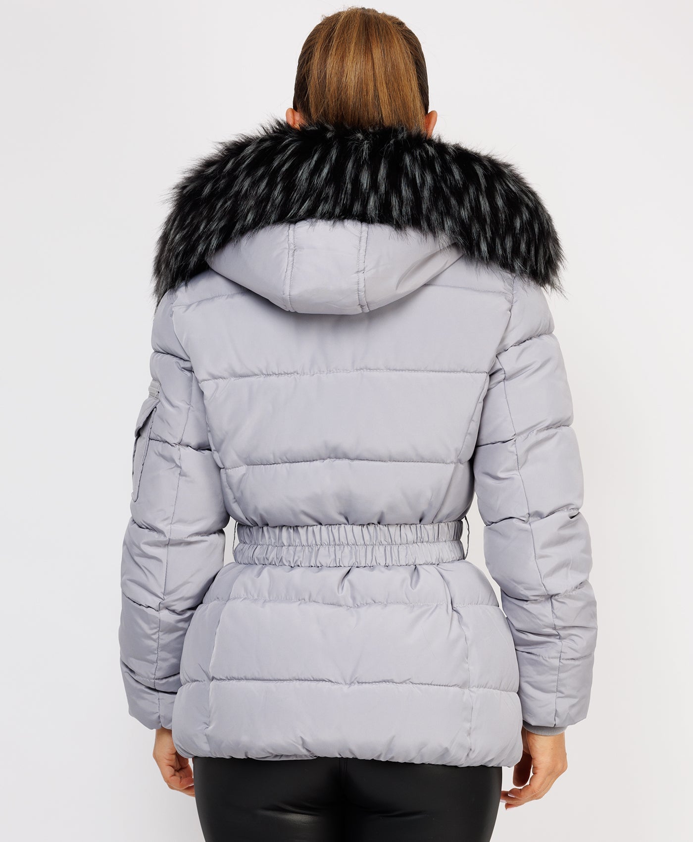 Fur Collar Grey Padded Faux Fur Hooded Coat Grey Padded Waist Belted Faux Fur Hooded Jacket –