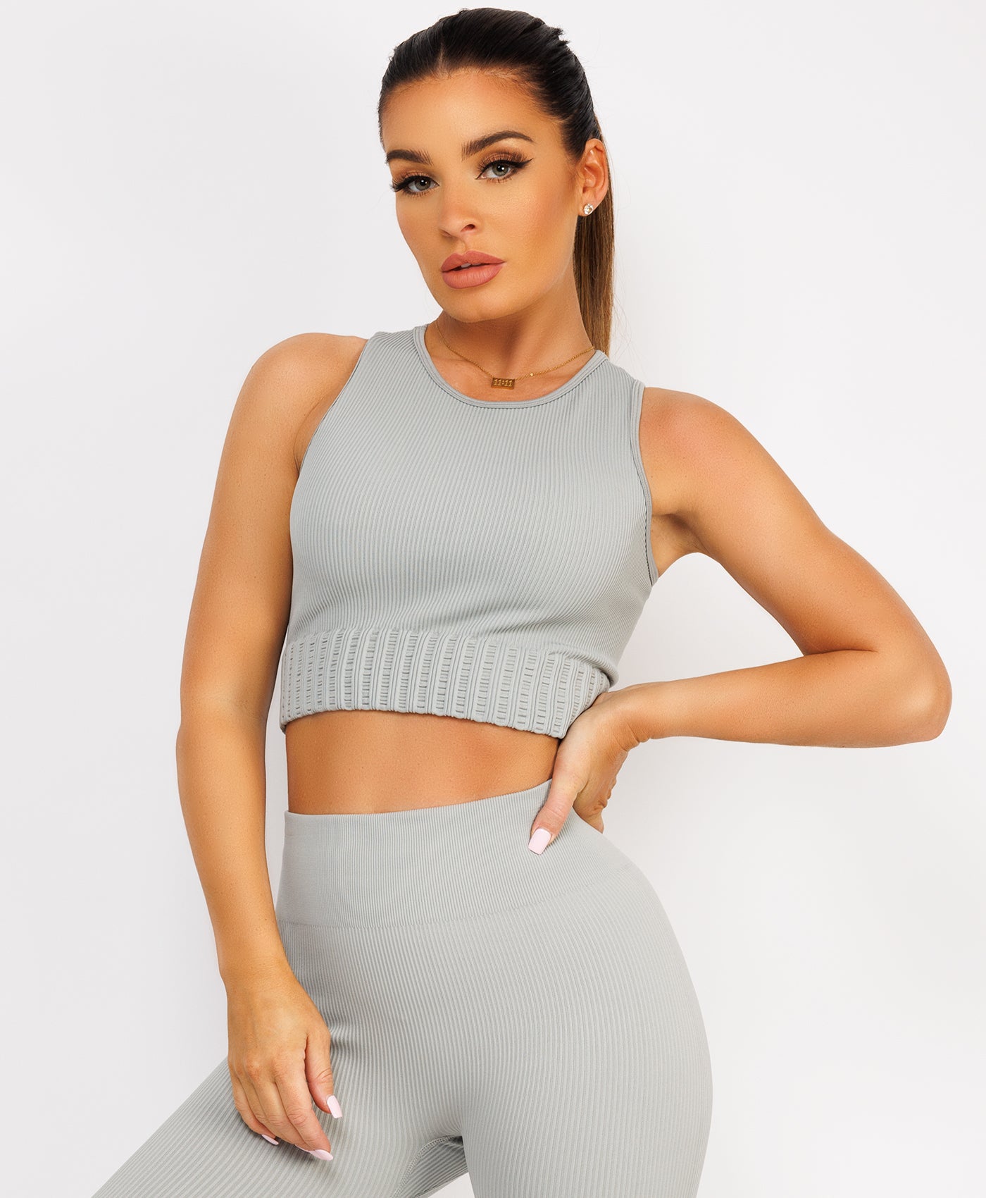 Grey Ribbed Sleeveless Loungewear Set