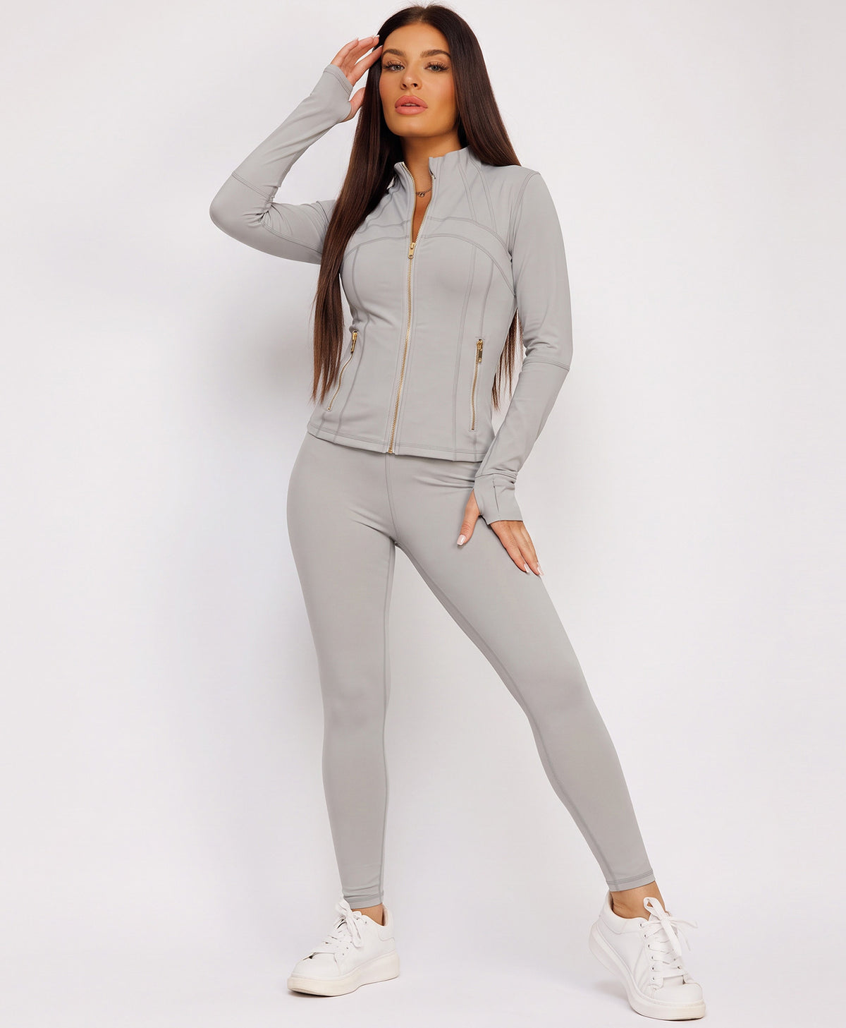Grey Sport Gold Zipped Gym Jacket Leggings Co-Ord Set