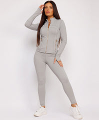 Grey Sport Gold Zipped Gym Jacket Leggings Co-Ord Set