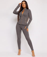 Charcoal Sport Gold Zipped Gym Jacket Leggings Co-Ord Set